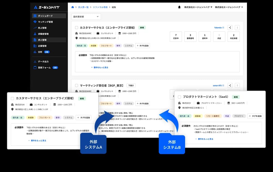 複数の外部システムから求人情報を集約する画面